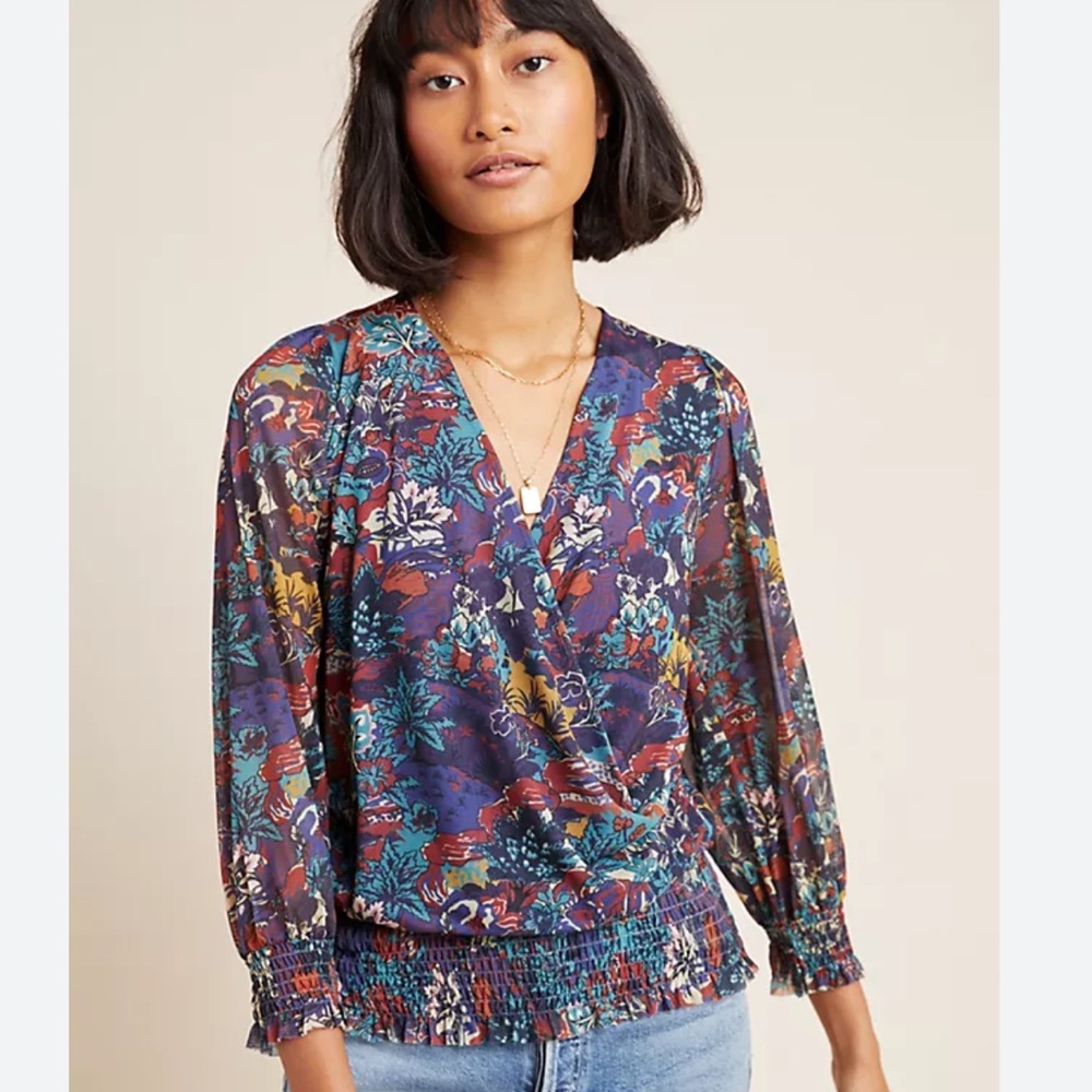 Anthropologie Ines Smocked Surplice Top Small